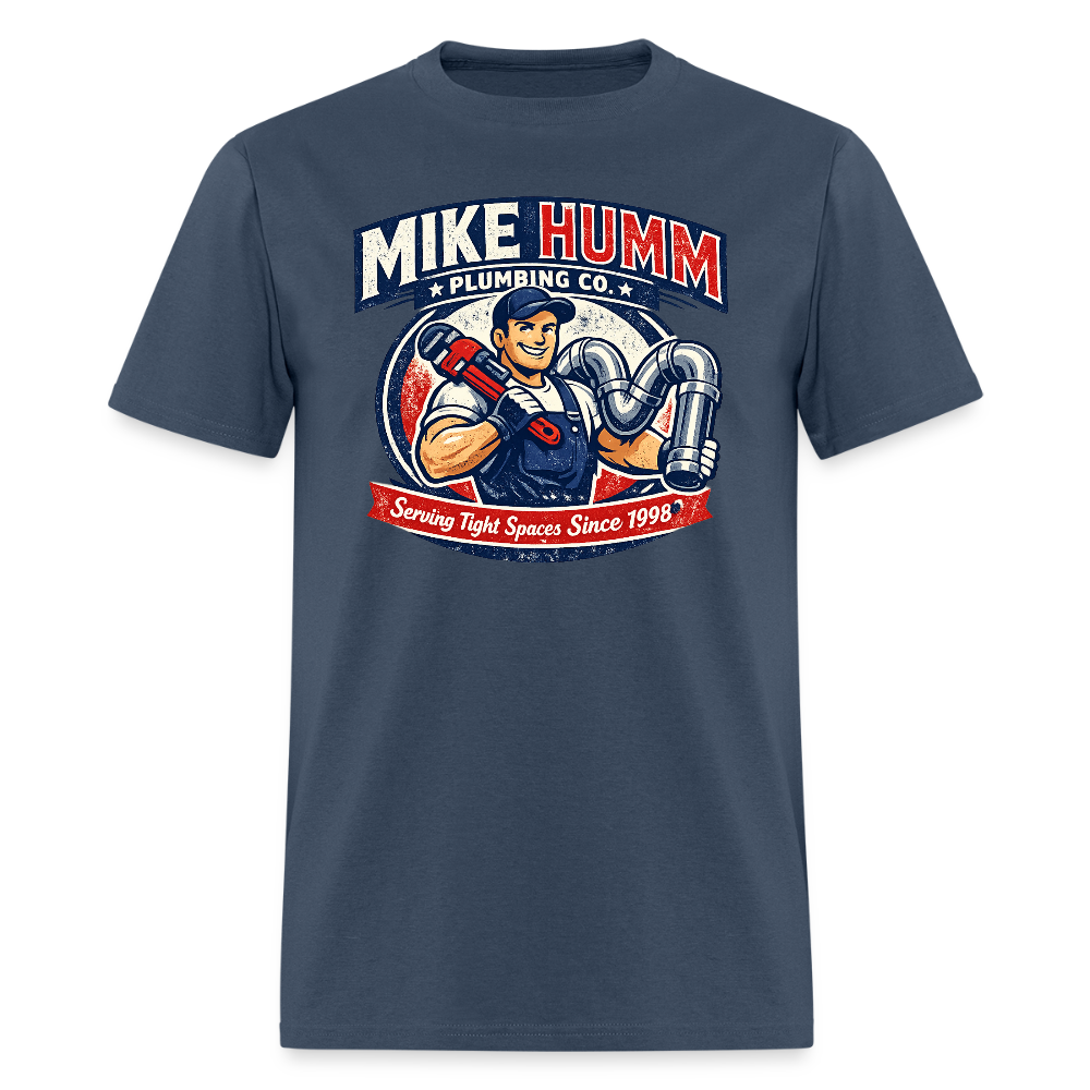 Mike Humm Plumbing T-Shirt (Adult Humor) Color: blue dusk