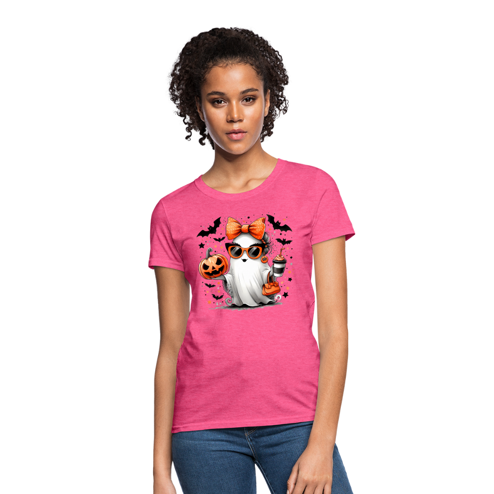 Cute Halloween Ghost with Pumpkins and Bats Women's T-Shirt (Mom Halloween Tee) - heather pink