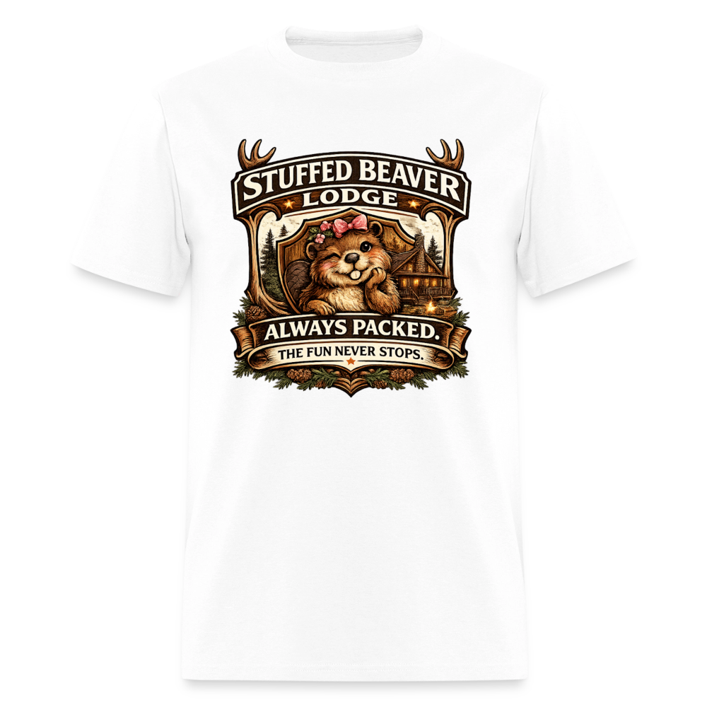 Stuffed Beaver Lodge Funny Adult T-Shirt Color: White