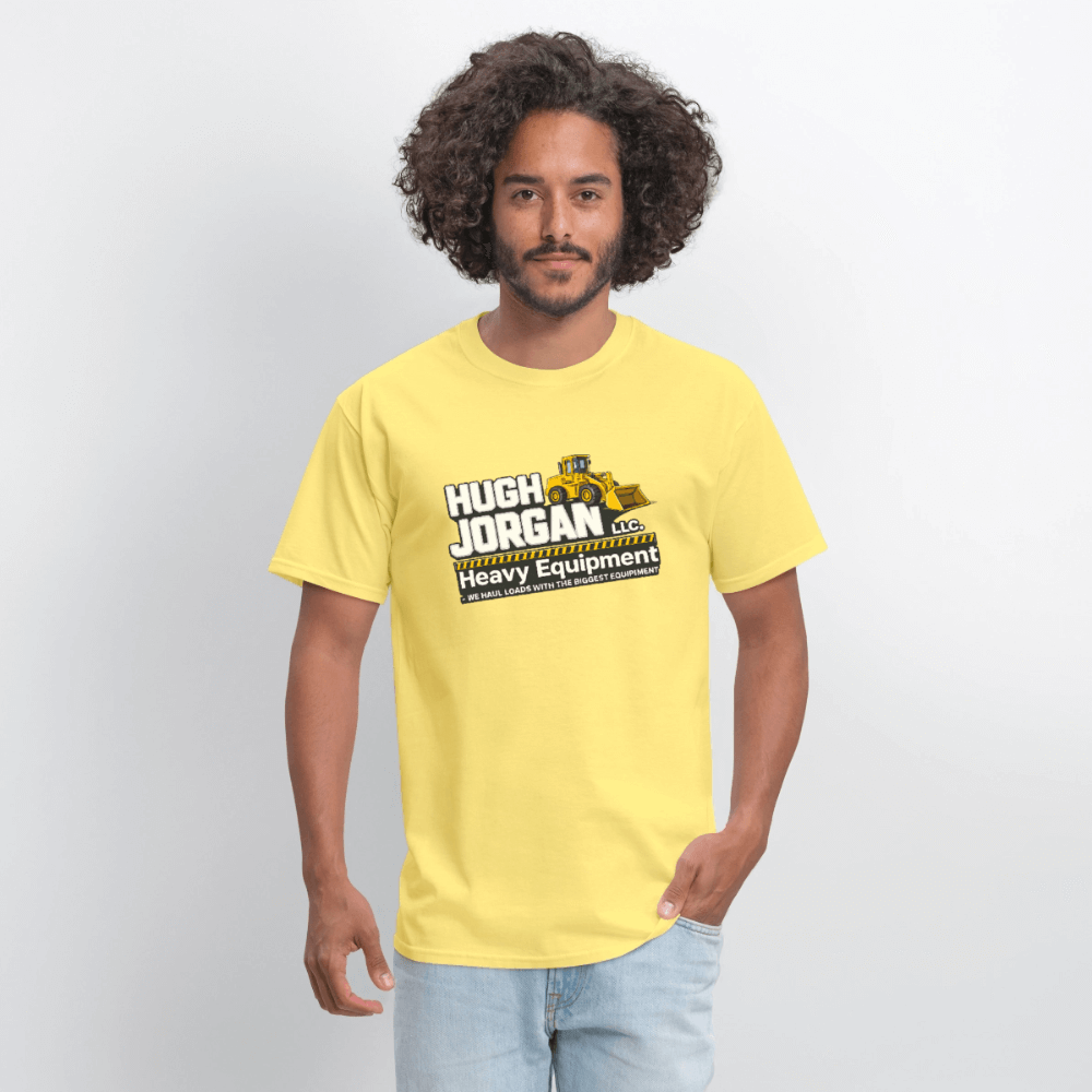 Hugh Jorgan T-Shirt – Heavy Equipment Adult Humor Tee Color: blue dusk