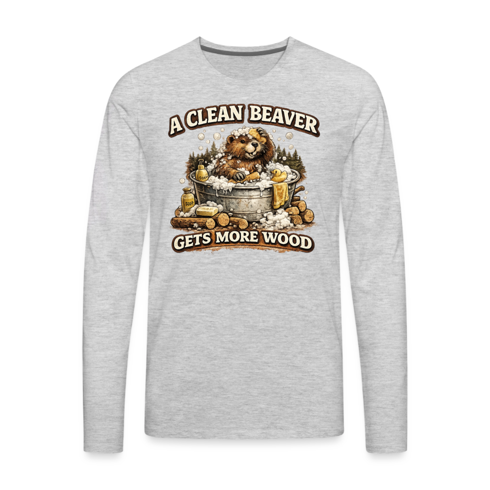A Clean Beaver Gets More Wood Funny Adult Long Sleeve Tee Color: heather gray