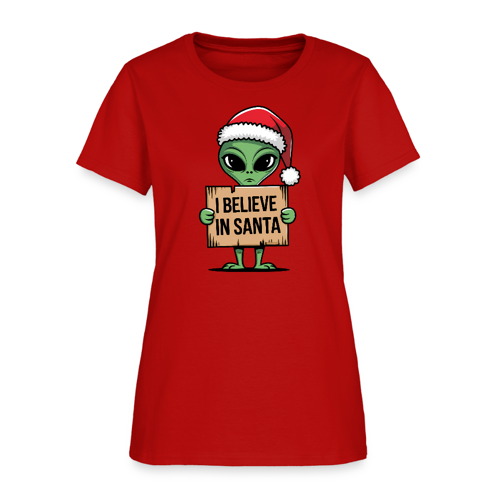 I Believe in Santa Women’s T-Shirt – Alien Christmas Tee Color: red
