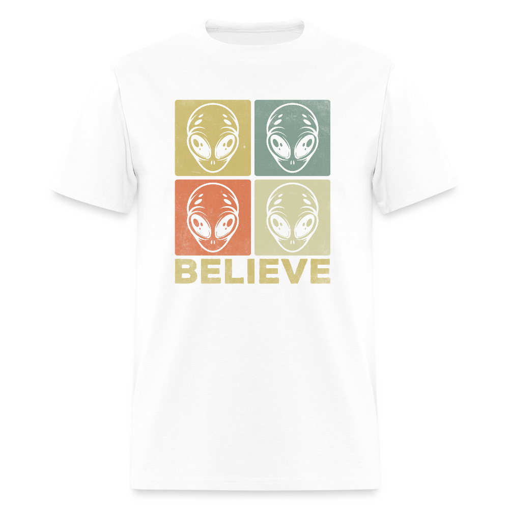 Believe Alien T-Shirt – UFO Style with Alien Faces Design - white