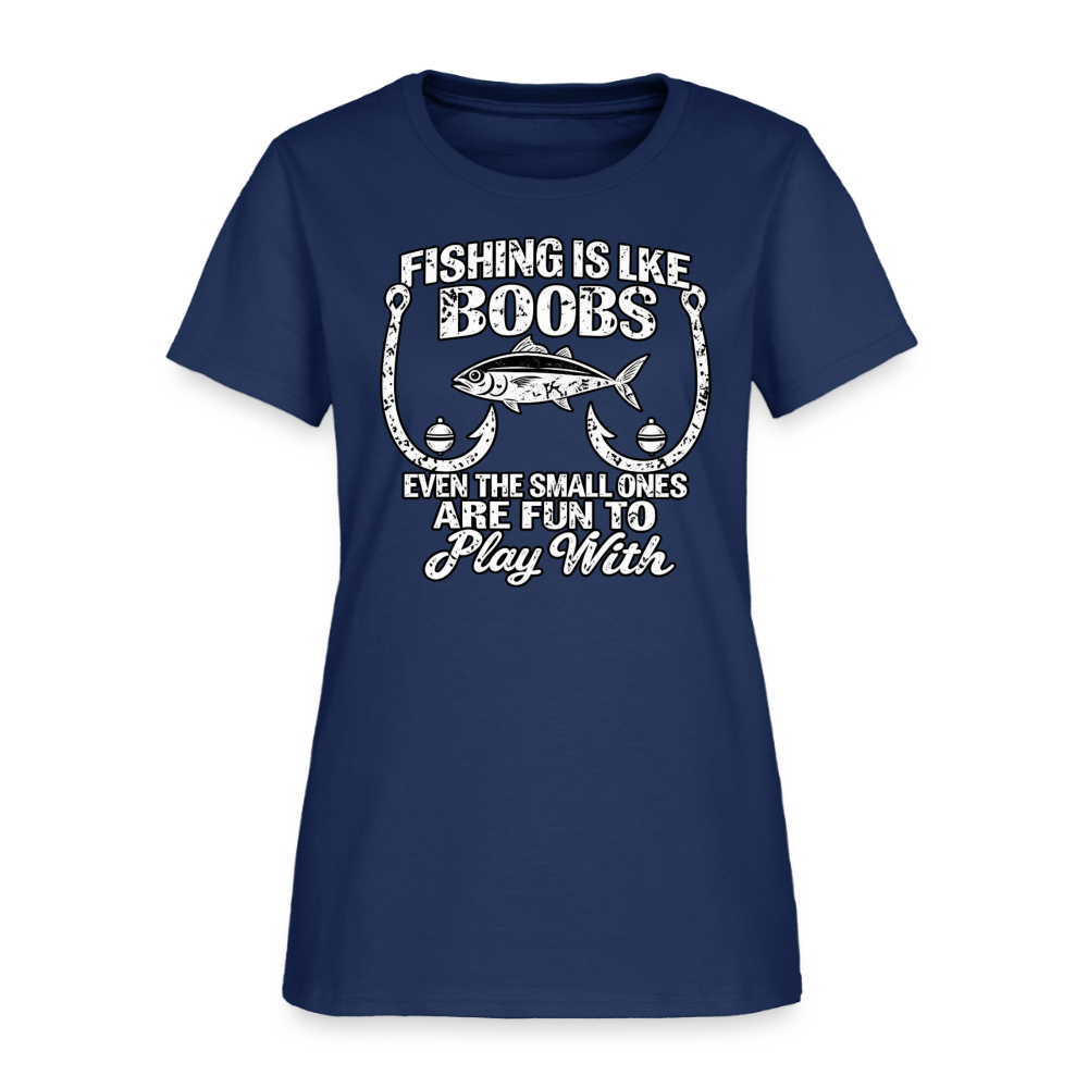 Fishing Is Like Boobs – Funny Women’s Fishing T-Shirt Color: Blue Dusk