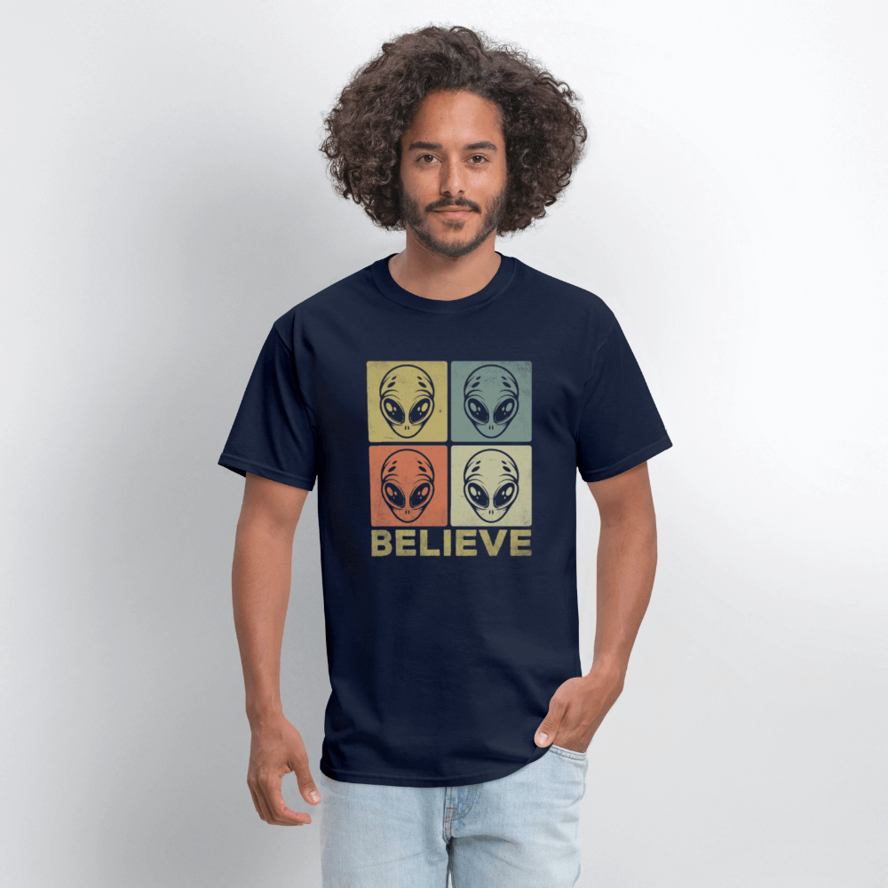 Believe Alien T-Shirt – UFO Style with Alien Faces Design Color: white