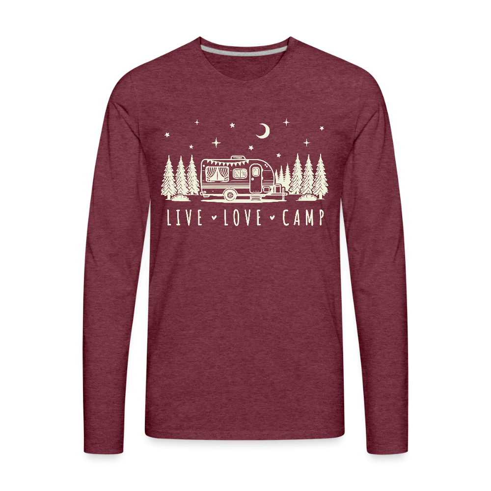 Live Love Camp Men’s Long Sleeve Tee – Camper in the Woods - heather burgundy