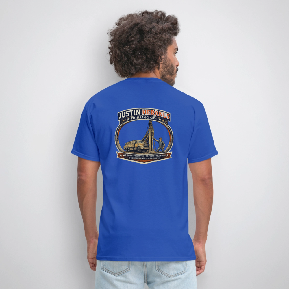 Justin Heranus Drilling Co Double Sided Funny Humor Tee - royal blue