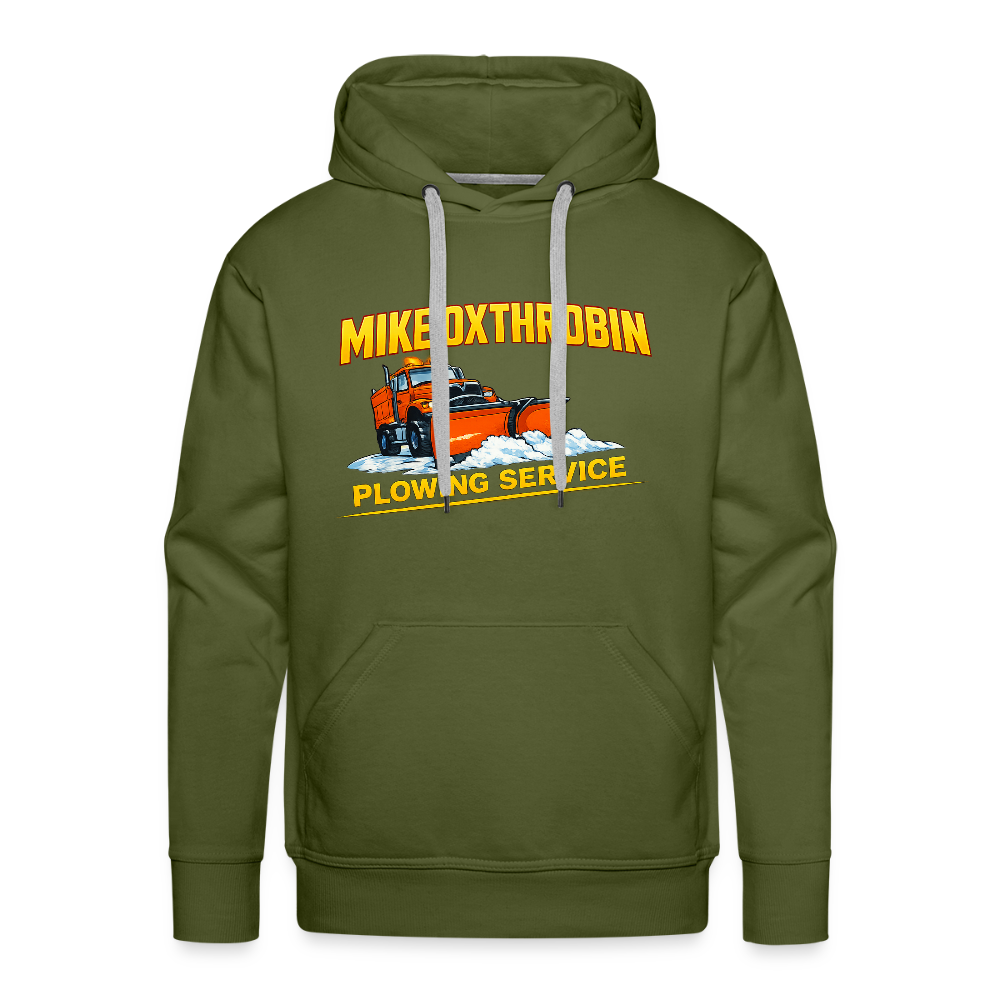 Mike Oxthrobin Plowing Service Hoodie – Funny Snow Plow Adult Humor Color: olive green