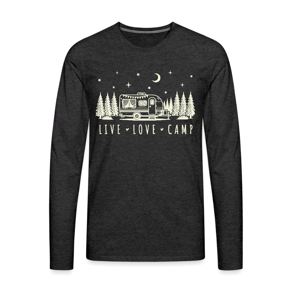 Live Love Camp Men’s Long Sleeve Tee – Camper in the Woods - charcoal grey