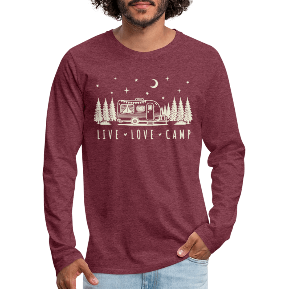 Live Love Camp Men’s Long Sleeve Tee – Camper in the Woods - heather burgundy