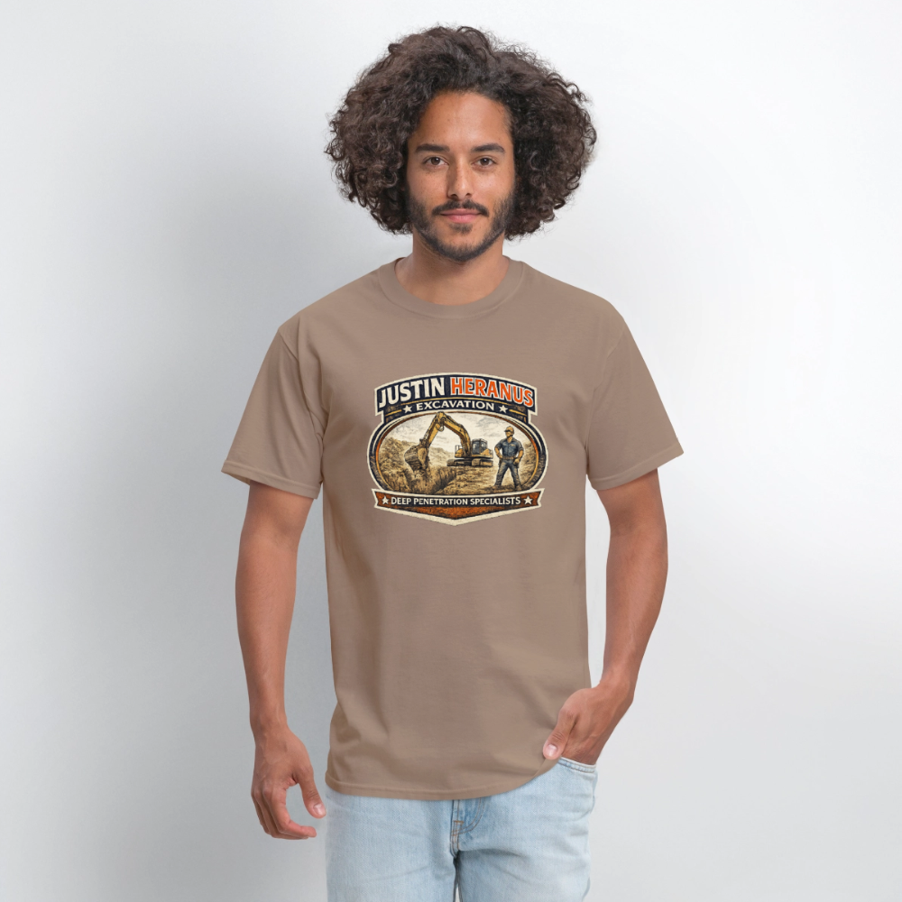 Justin Heranus Excavation T-Shirt Funny Adult Humor Tee - safari