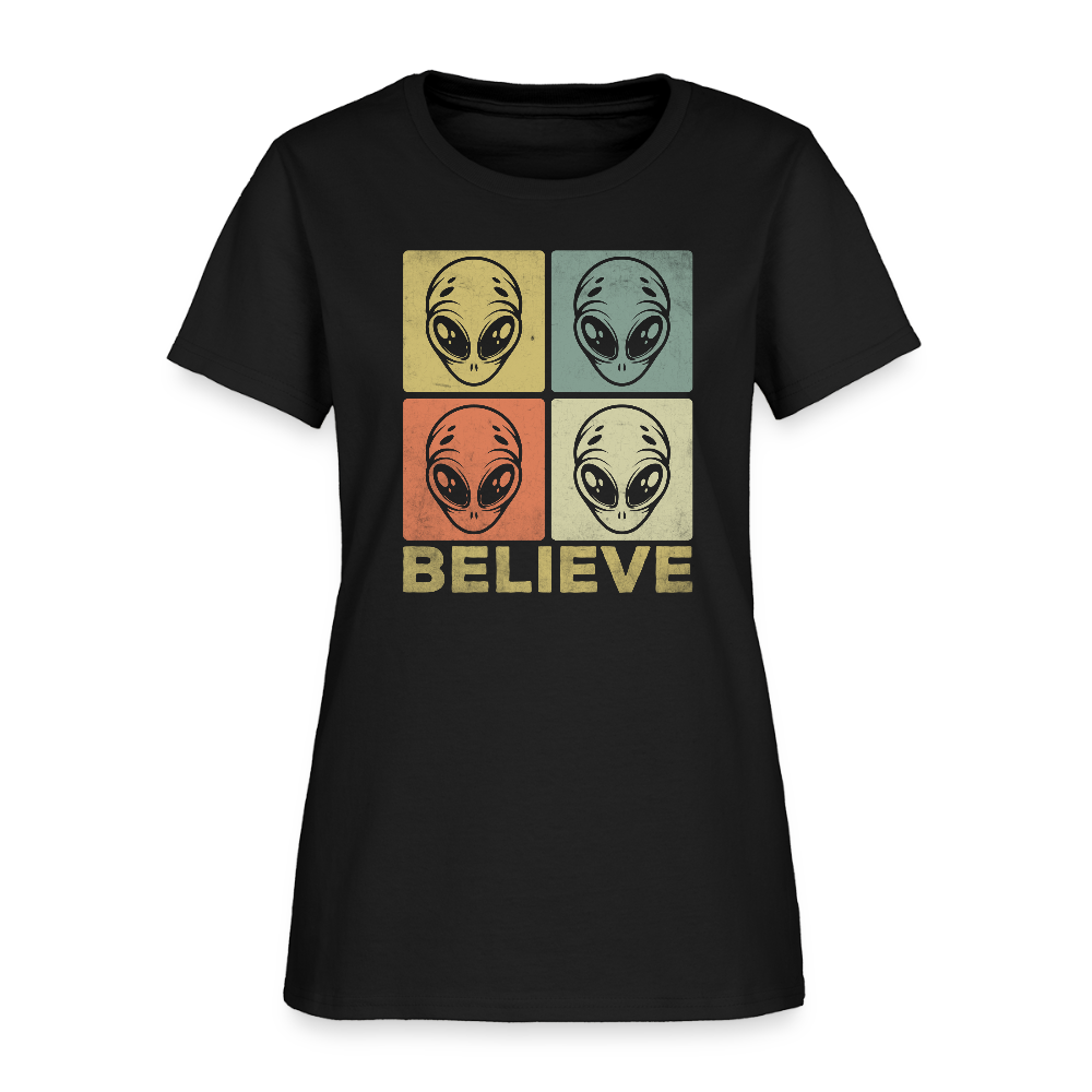 Believe Alien Women’s T-Shirt – Cute UFO Style with Alien Faces - black