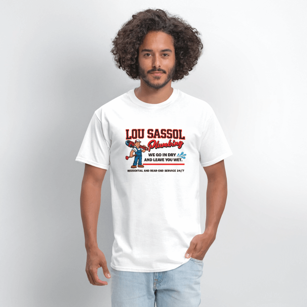 Lou Sassol Plumbing Funny Men’s T-Shirt – Adult Humor Graphic Tee Color: heather gray
