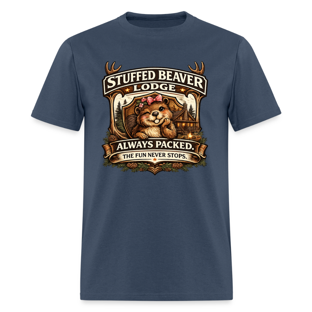 Stuffed Beaver Lodge Funny Adult T-Shirt Color: Blue Dusk