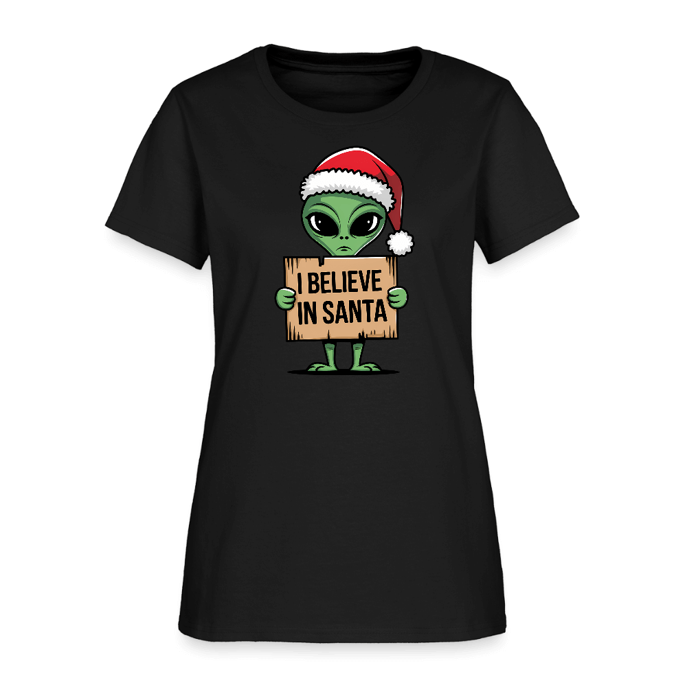 I Believe in Santa Women’s T-Shirt – Alien Christmas Tee Color: red