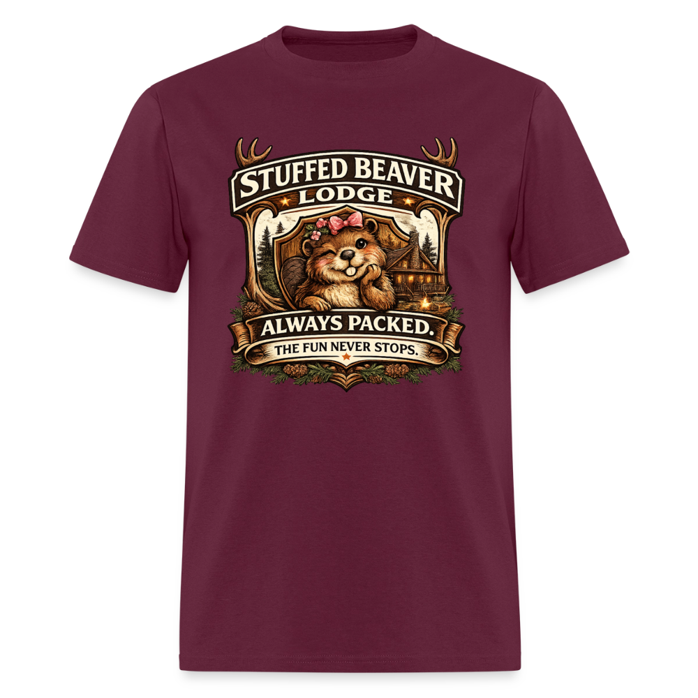 Stuffed Beaver Lodge Funny Adult T-Shirt Color: Burgundy