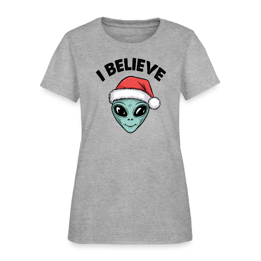 I Believe in Santa Women’s T-Shirt – Alien Christmas Tee Color: heather gray