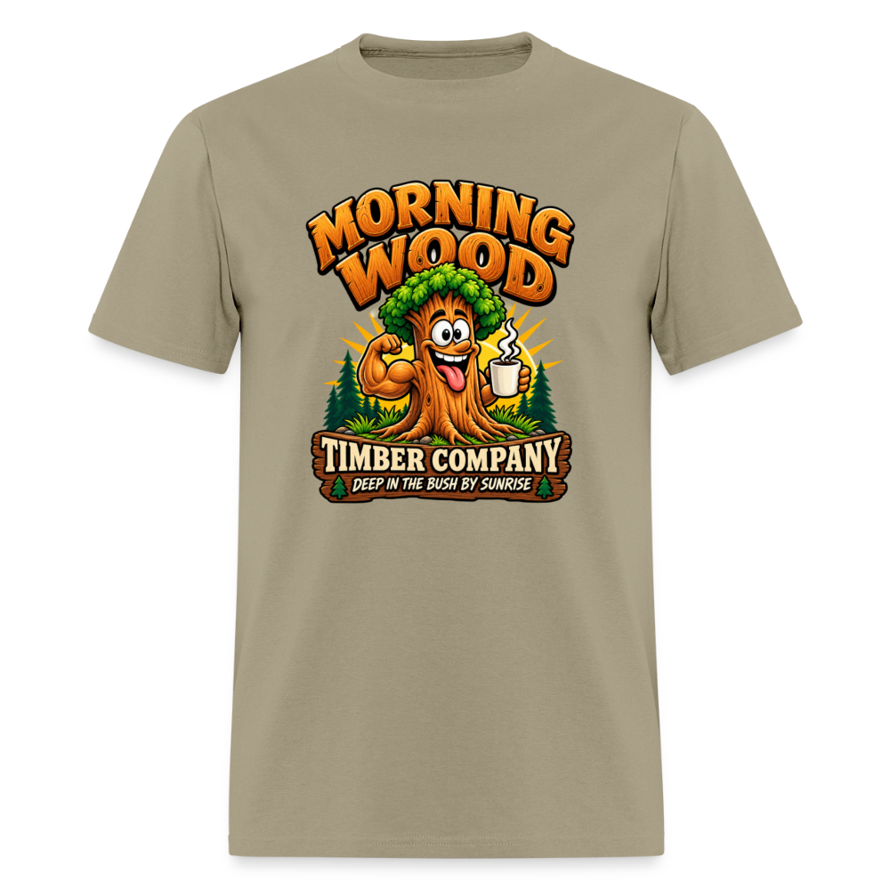Morning Wood Timber Company Funny Adult Humor T-Shirt – Deep in the Bush by Sunrise Color: Khaki