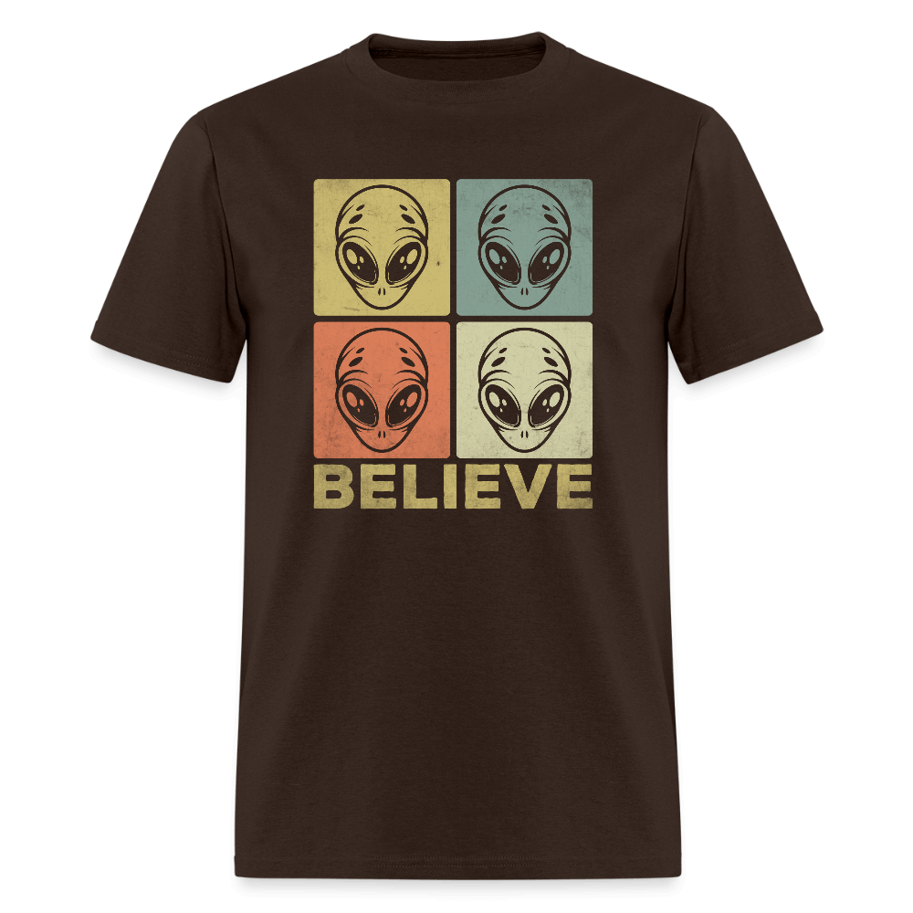 Believe Alien T-Shirt – UFO Style with Alien Faces Design Color: brown