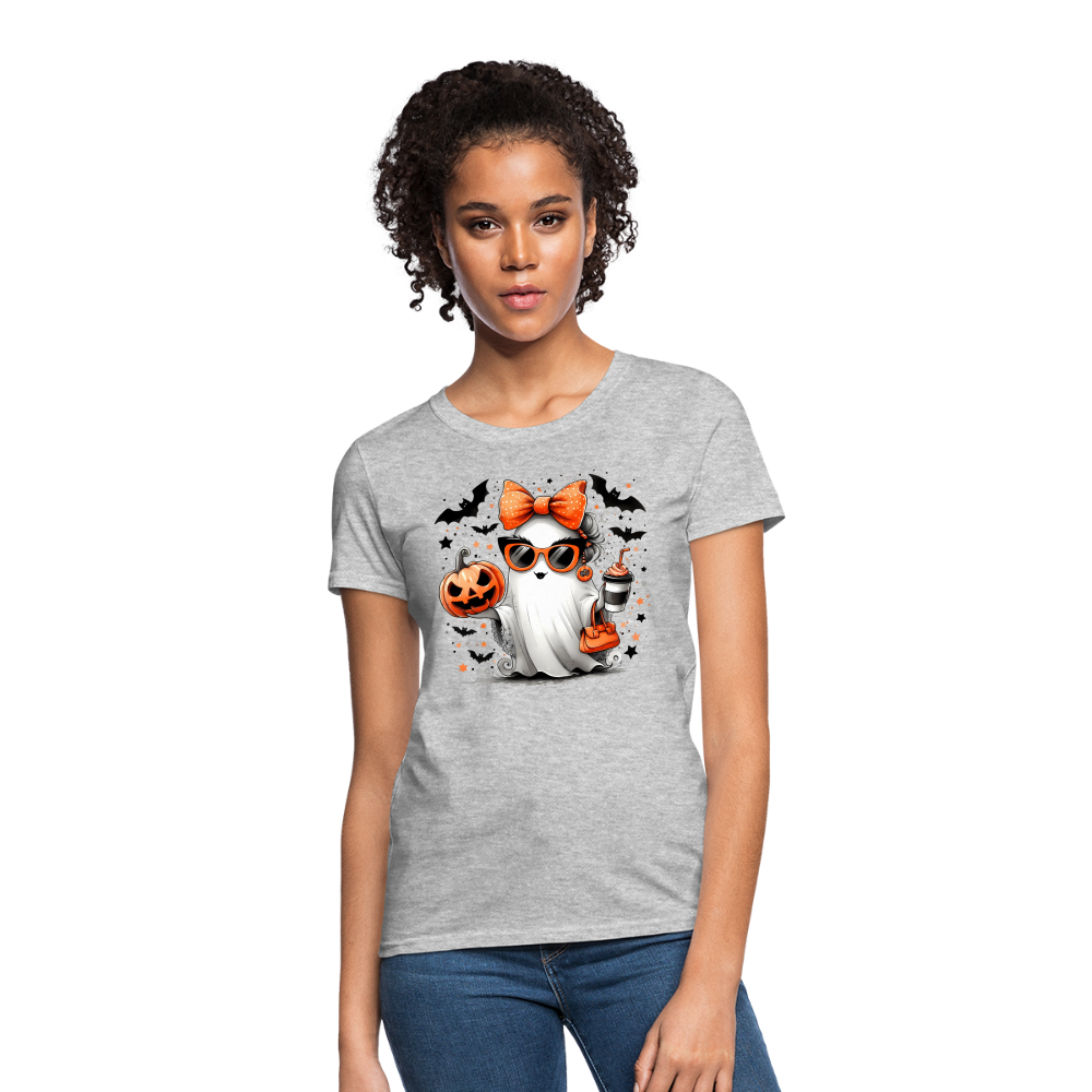 Cute Halloween Ghost with Pumpkins and Bats Women's T-Shirt (Mom Halloween Tee) - heather gray