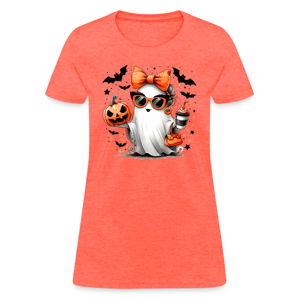 Cute Halloween Ghost with Pumpkins and Bats Women's T-Shirt (Mom Halloween Tee) - heather coral