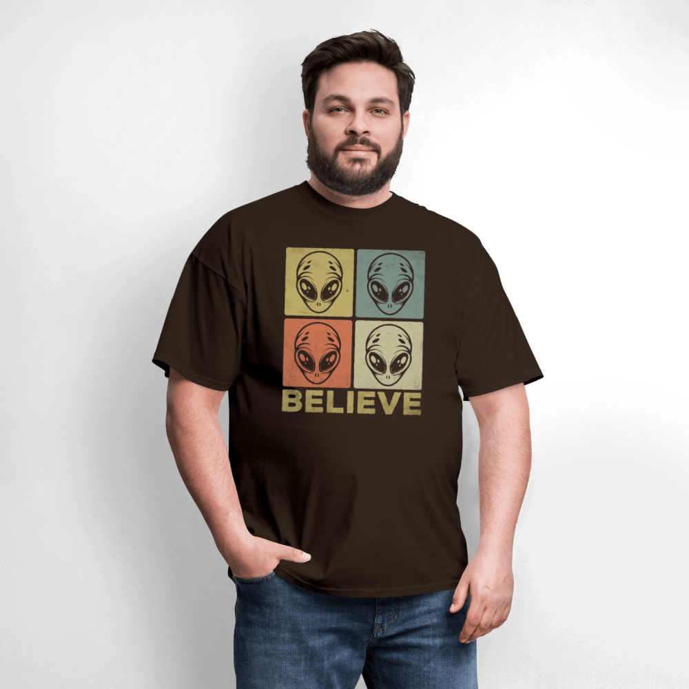 Believe Alien T-Shirt – UFO Style with Alien Faces Design Color: white