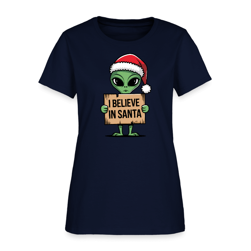 I Believe in Santa Women’s T-Shirt – Alien Christmas Tee Color: red