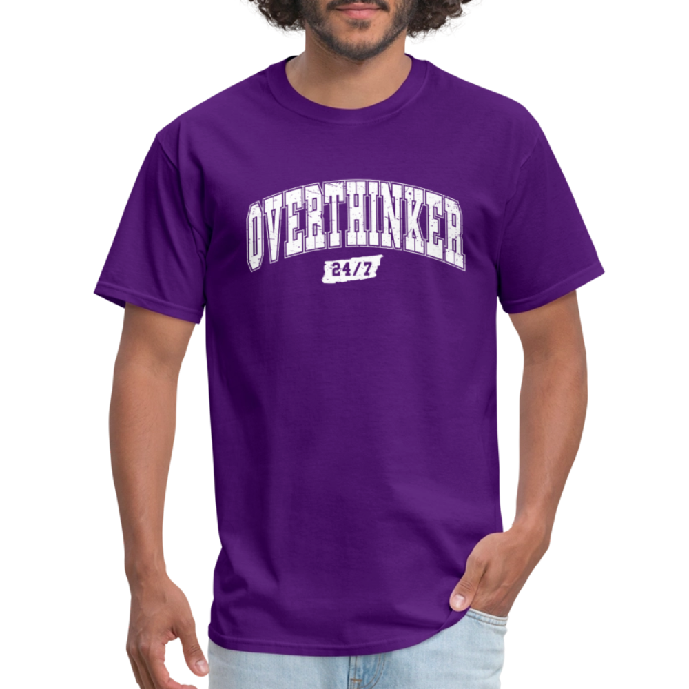 Overthinker 24/7 Funny T-Shirt – White Arched Letters Color: heather black