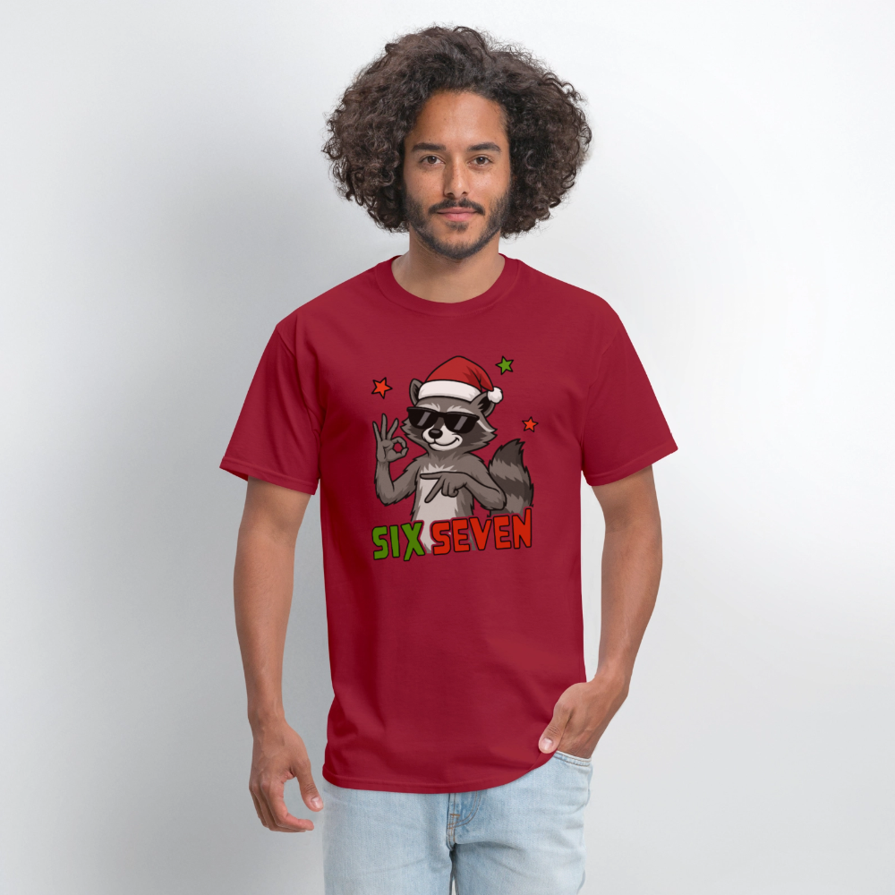 Six Seven 67 Raccoon Wearing Christmas Hat T-Shirt - dark red