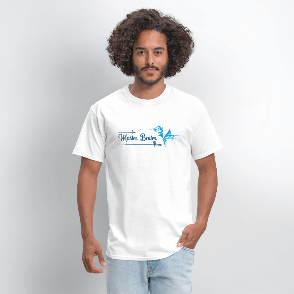 Master Baiter T-Shirt with Hooked Fish and Cursive Text - white