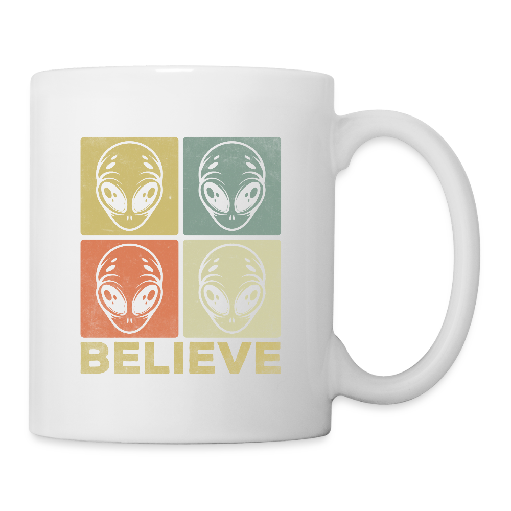Believe Alien Coffee Mug – Funny UFO Mug with Alien Faces - white