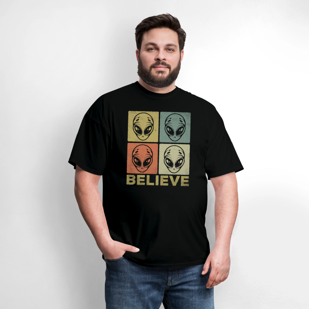 Believe Alien T-Shirt – UFO Style with Alien Faces Design - black