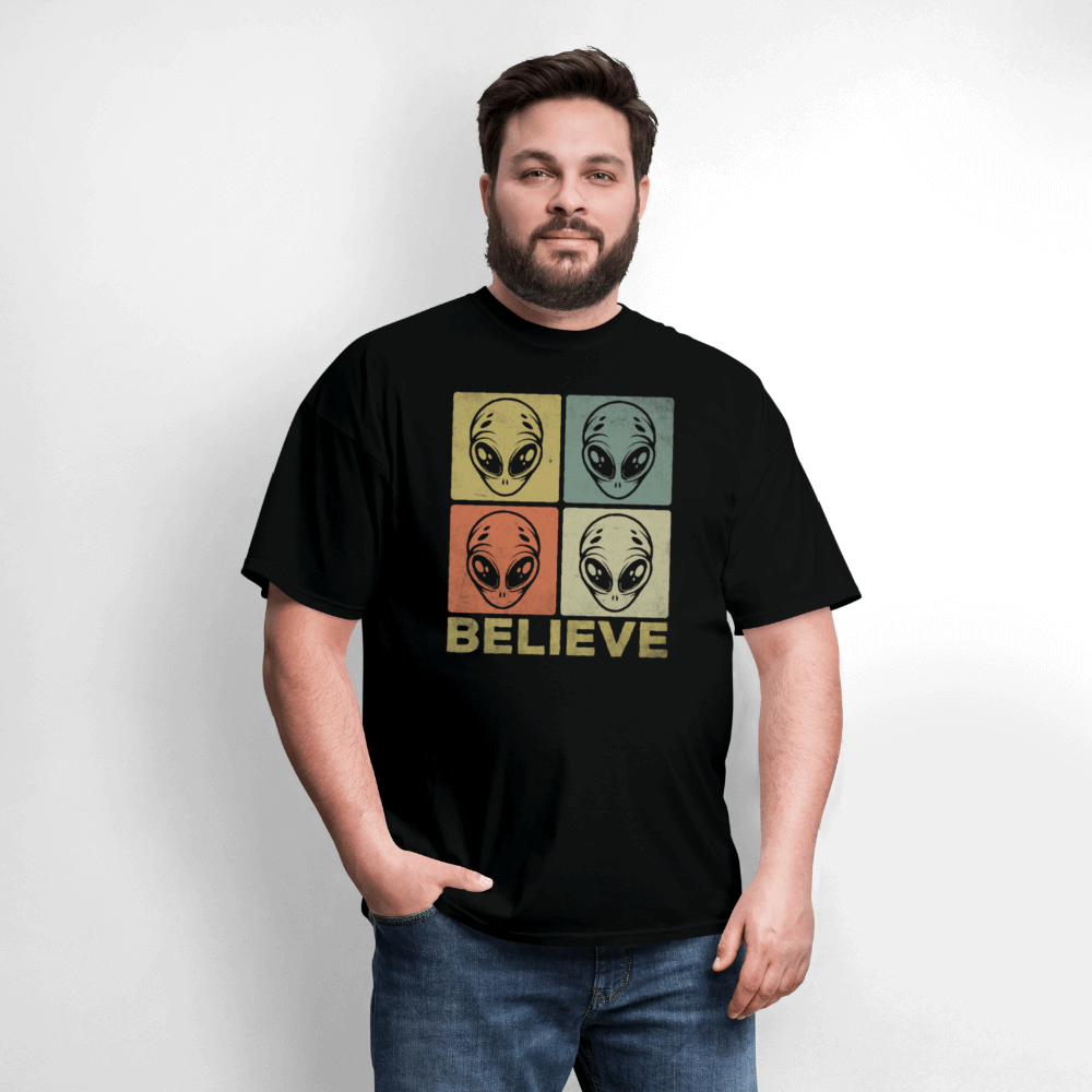 Believe Alien T-Shirt – UFO Style with Alien Faces Design Color: white