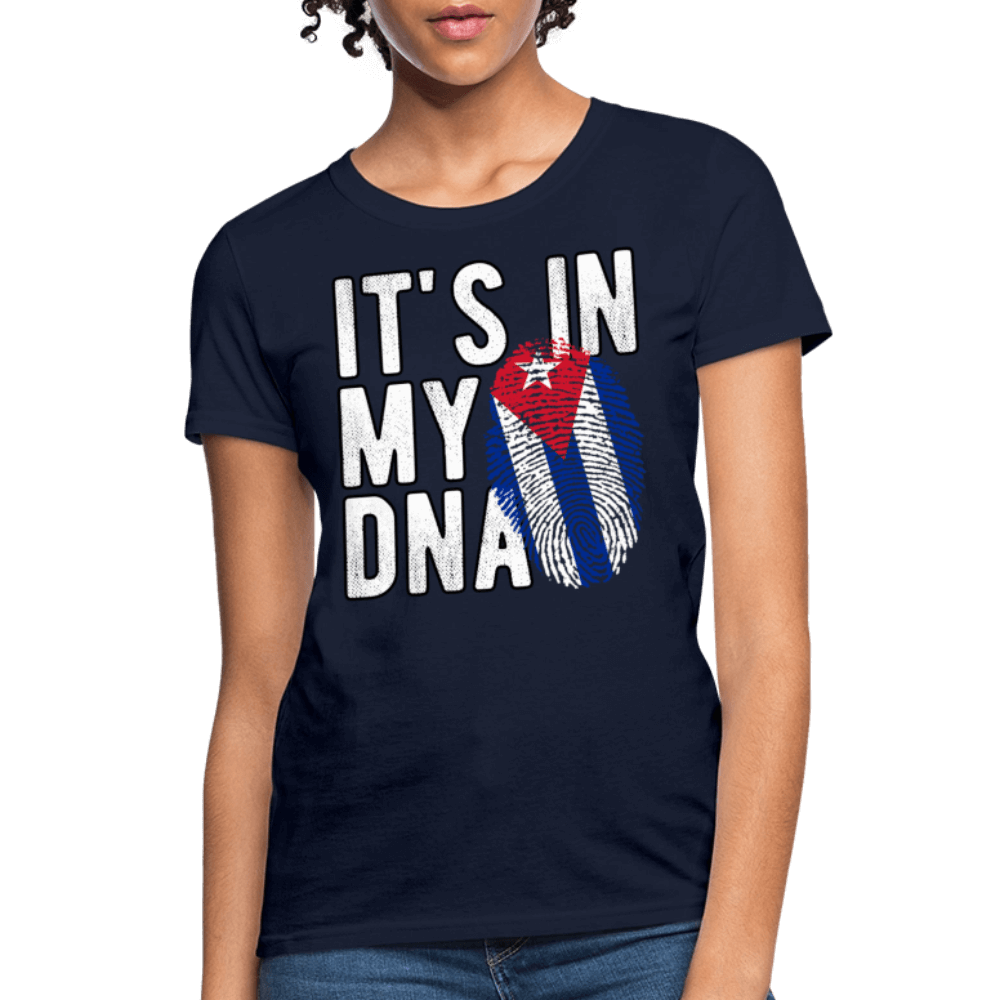 Cuban DNA Women’s T-Shirt – Fingerprint Flag Tee Color: navy