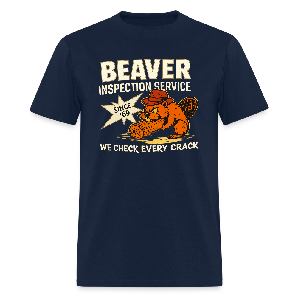 Beaver Inspection Service T-Shirt – Funny Adult Humor Tee Color: navy