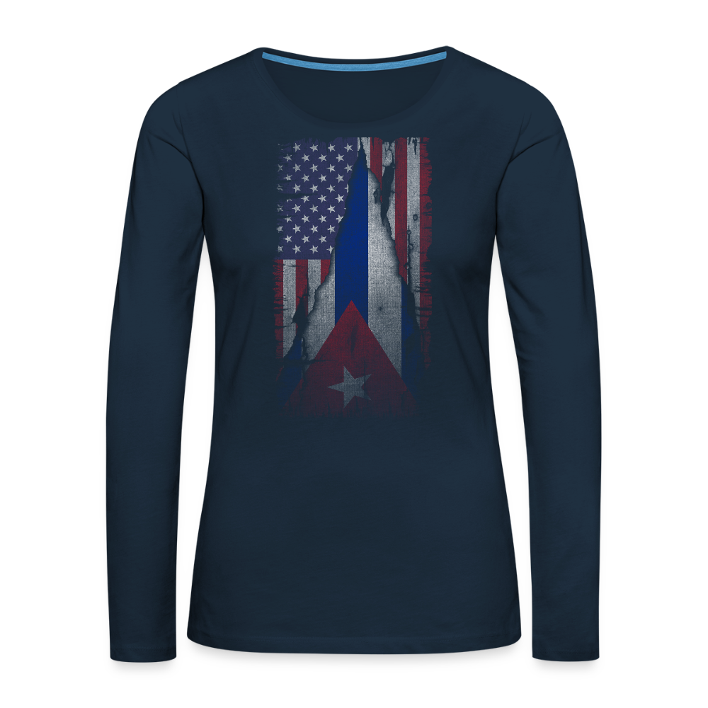 Cuba & USA Flag Women’s Long-Sleeve Tee – Cuban American Pride - deep navy