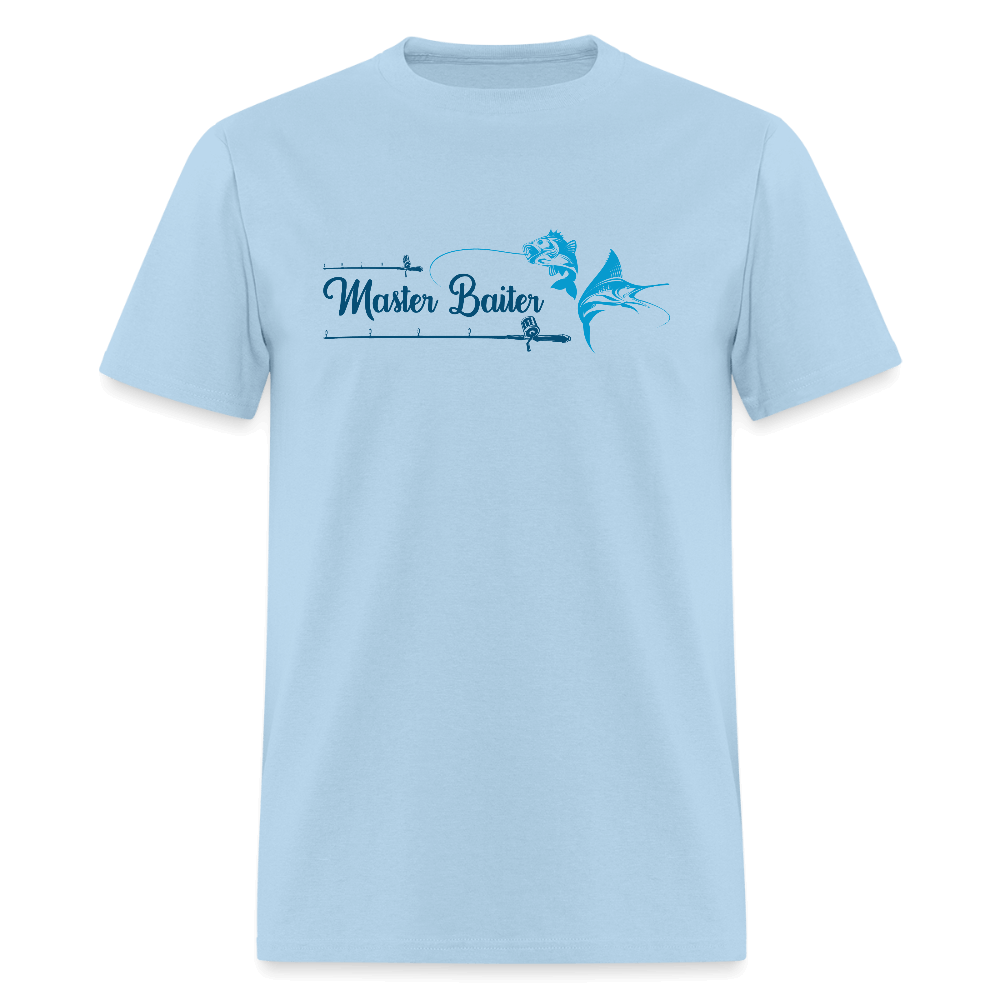Master Baiter T-Shirt with Hooked Fish and Cursive Text - powder blue