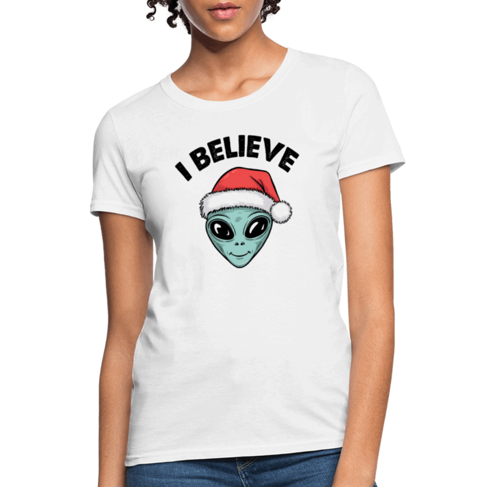 I Believe in Santa Women’s T-Shirt – Alien Christmas Tee Color: pink