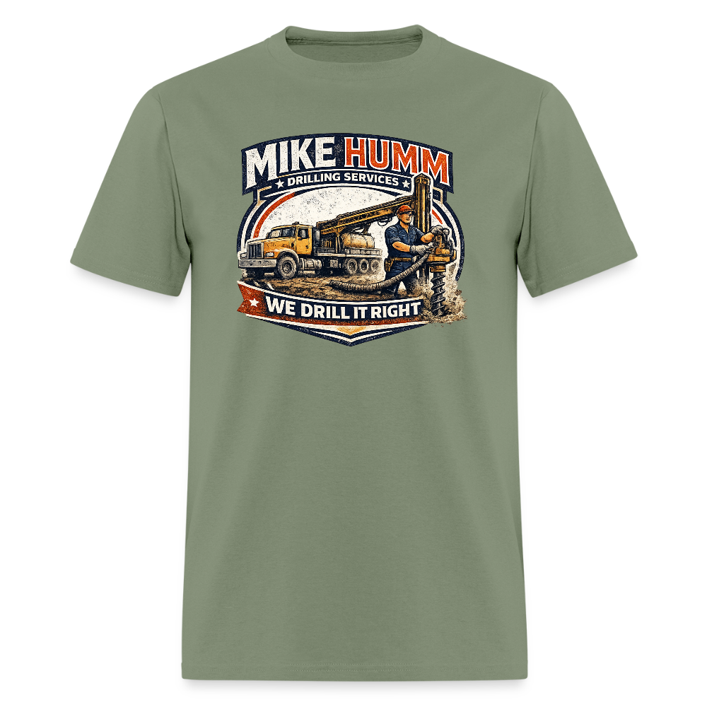 Mike Humm Drilling Services T-Shirt (Adult Humor, Sexual Humor) Color: blue dusk