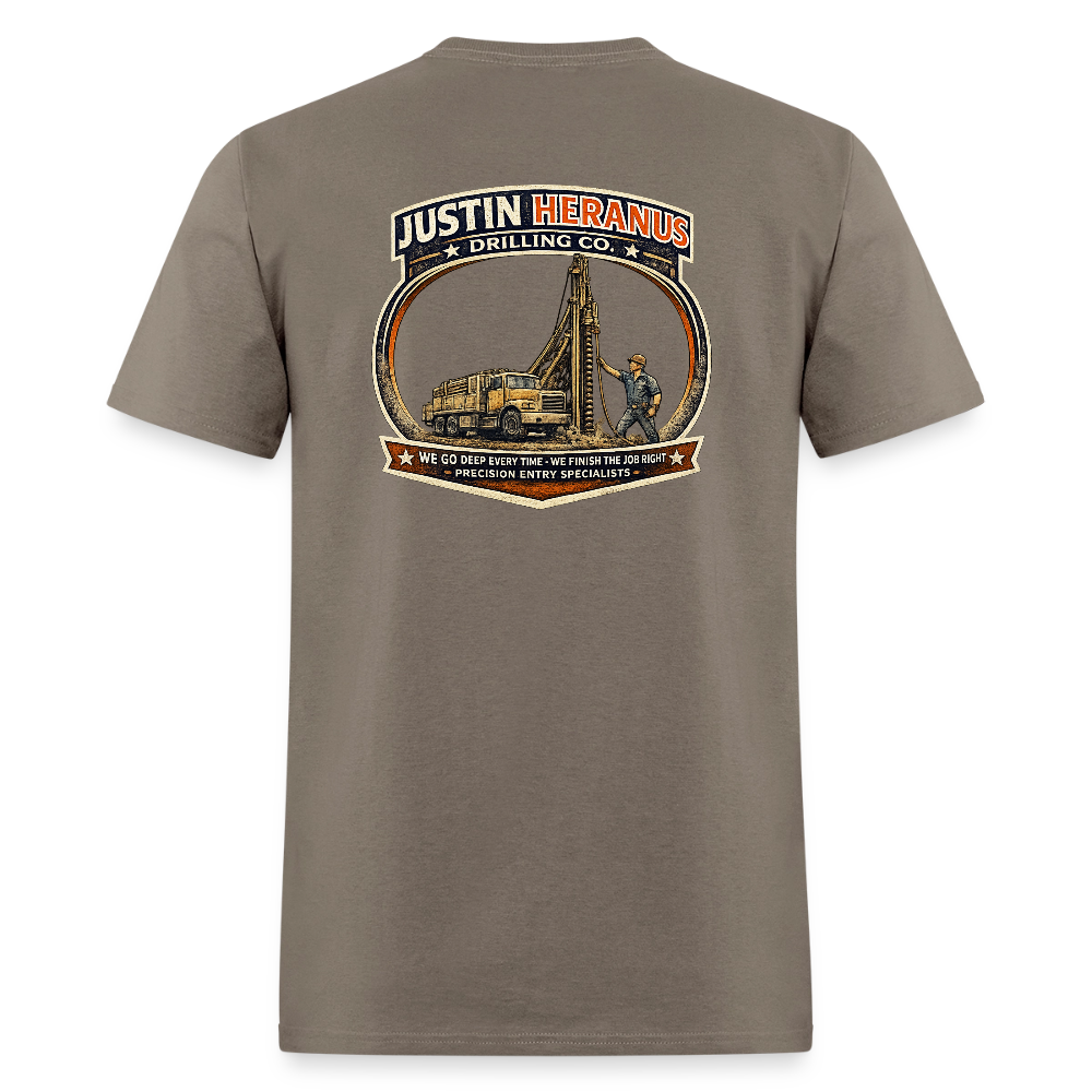 Justin Heranus Drilling Co Double Sided Funny Humor Tee - safari