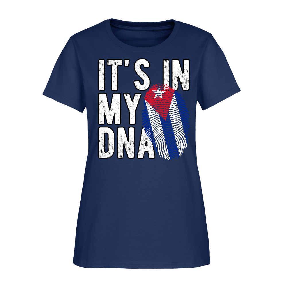Cuban DNA Women’s T-Shirt – Fingerprint Flag Tee Color: blue dusk