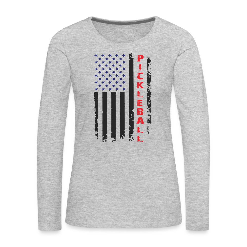 Pickleball Flag Women’s Premium Long Sleeve T-Shirt – Proud, Patriotic & Playful - heather gray