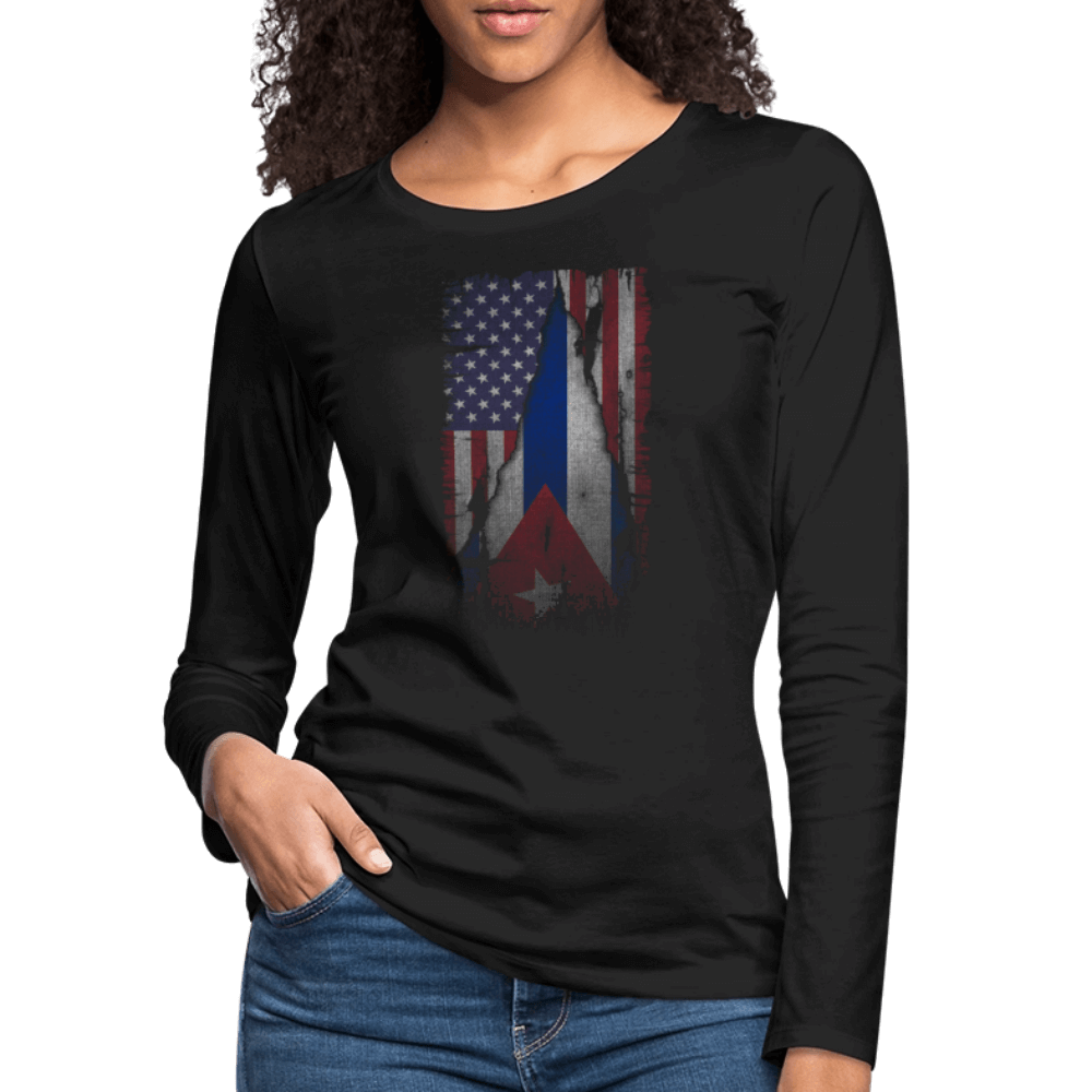 Cuba & USA Flag Women’s Long-Sleeve Tee – Cuban American Pride Color: black