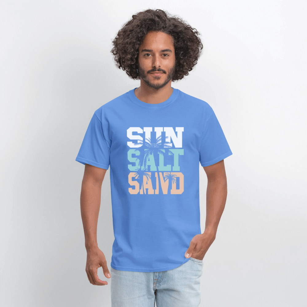 Sun Salt Sand Beach T-Shirt with Palm Tree Design - carolina blue