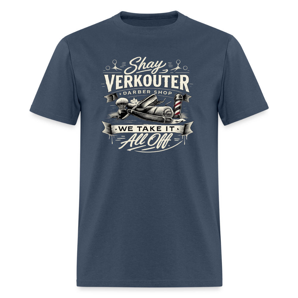 Shay Verkouter Barber Shop Funny Adult T-Shirt Color: Blue Dusk