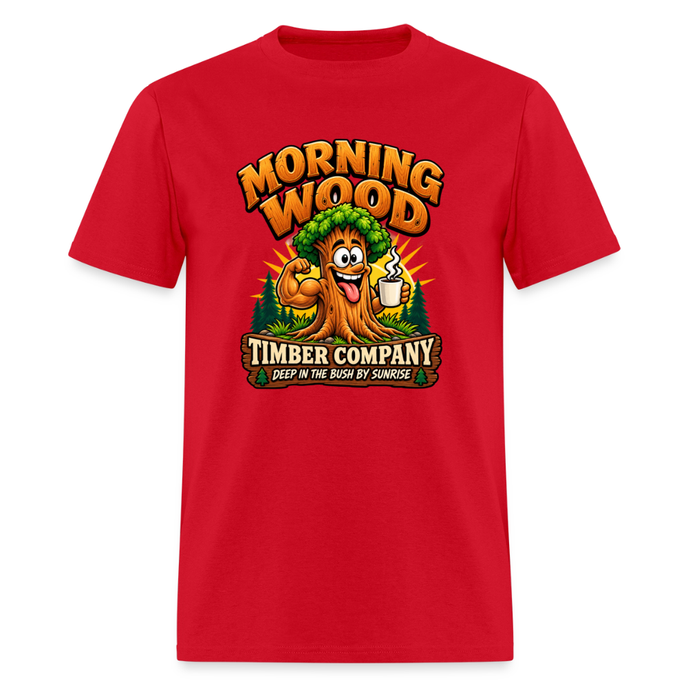 Morning Wood Timber Company Funny Adult Humor T-Shirt – Deep in the Bush by Sunrise Color: Red
