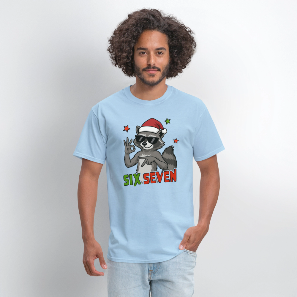 Six Seven 67 Raccoon Wearing Christmas Hat T-Shirt - powder blue