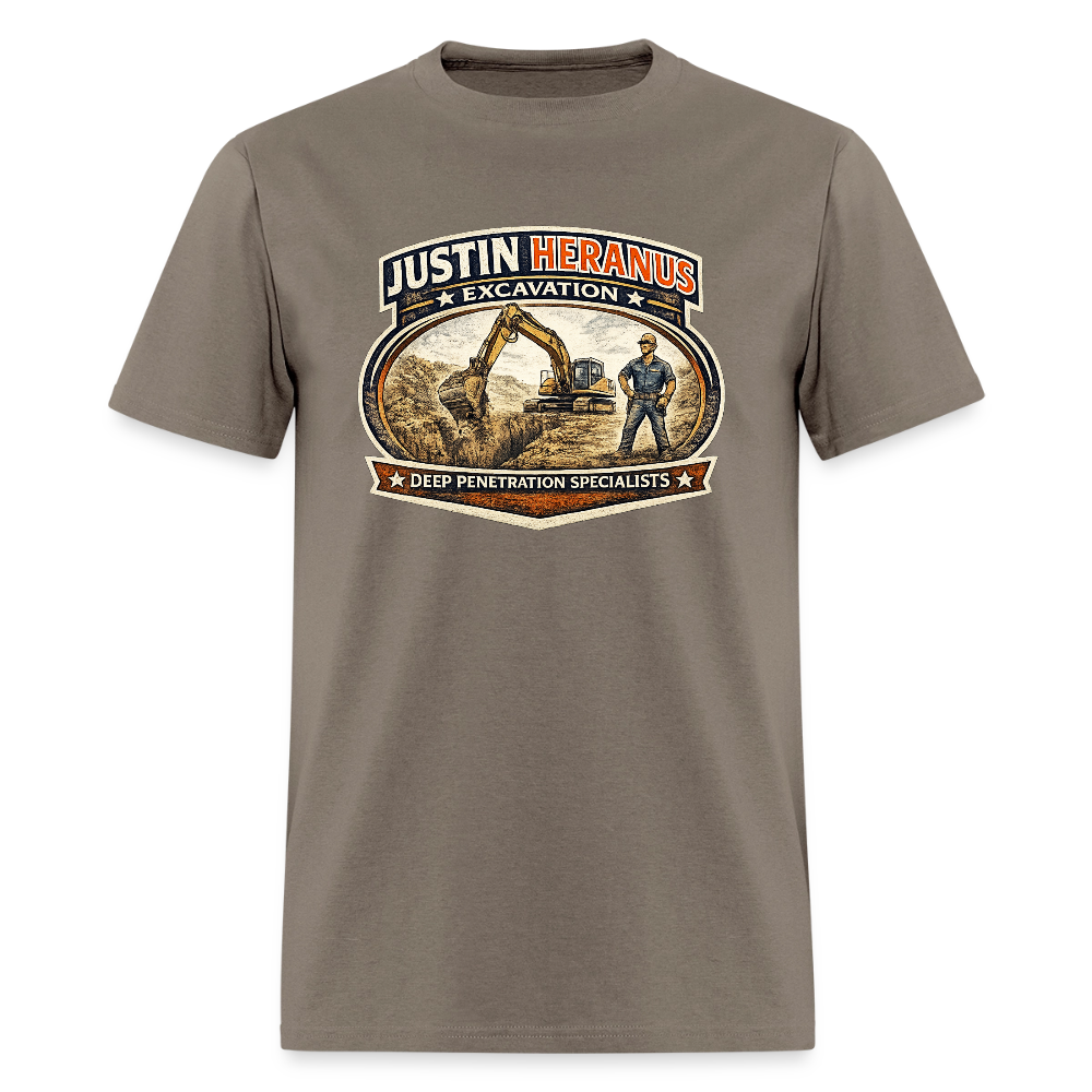 Justin Heranus Excavation T-Shirt Funny Adult Humor Tee - safari