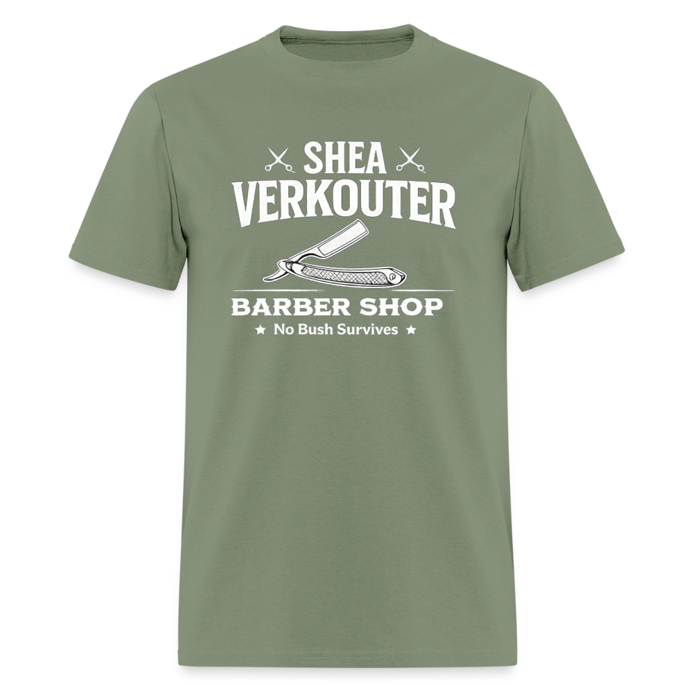 Shea Verkouter Barber Shop Funny Adult Humor T-Shirt Color: Military Green