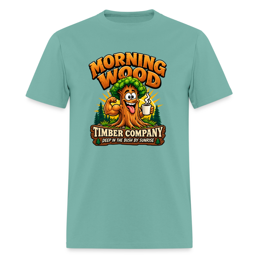 Morning Wood Timber Company Funny Adult Humor T-Shirt – Deep in the Bush by Sunrise Color: Aquatic